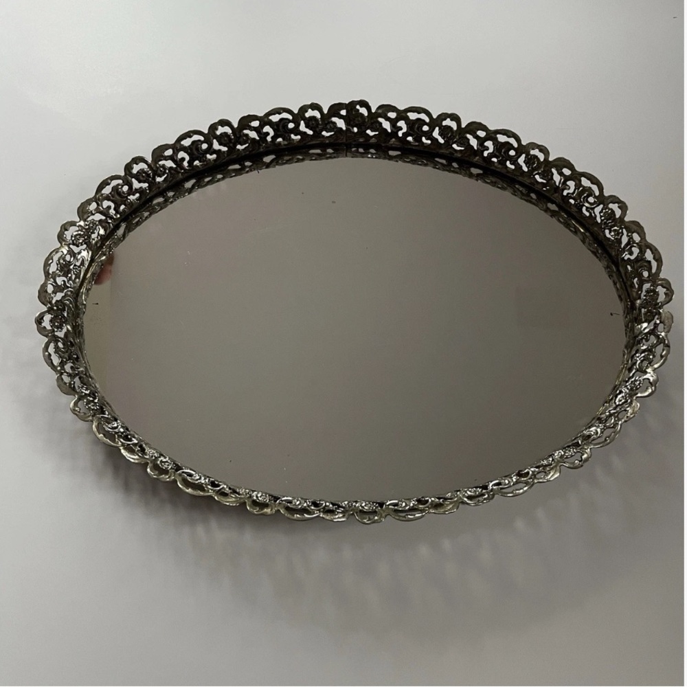 Vintage Ornate Oval Mirror Tray For Vanity / Perfume 15" x 9"